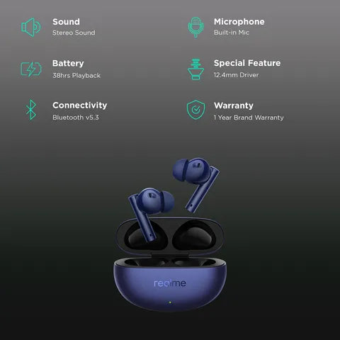 Realme Buds Air 5 Truly Wireless Earbuds – 50dB ANC, 38H Playtime, 12.4mm Bass Driver (Deep Sea Blue)