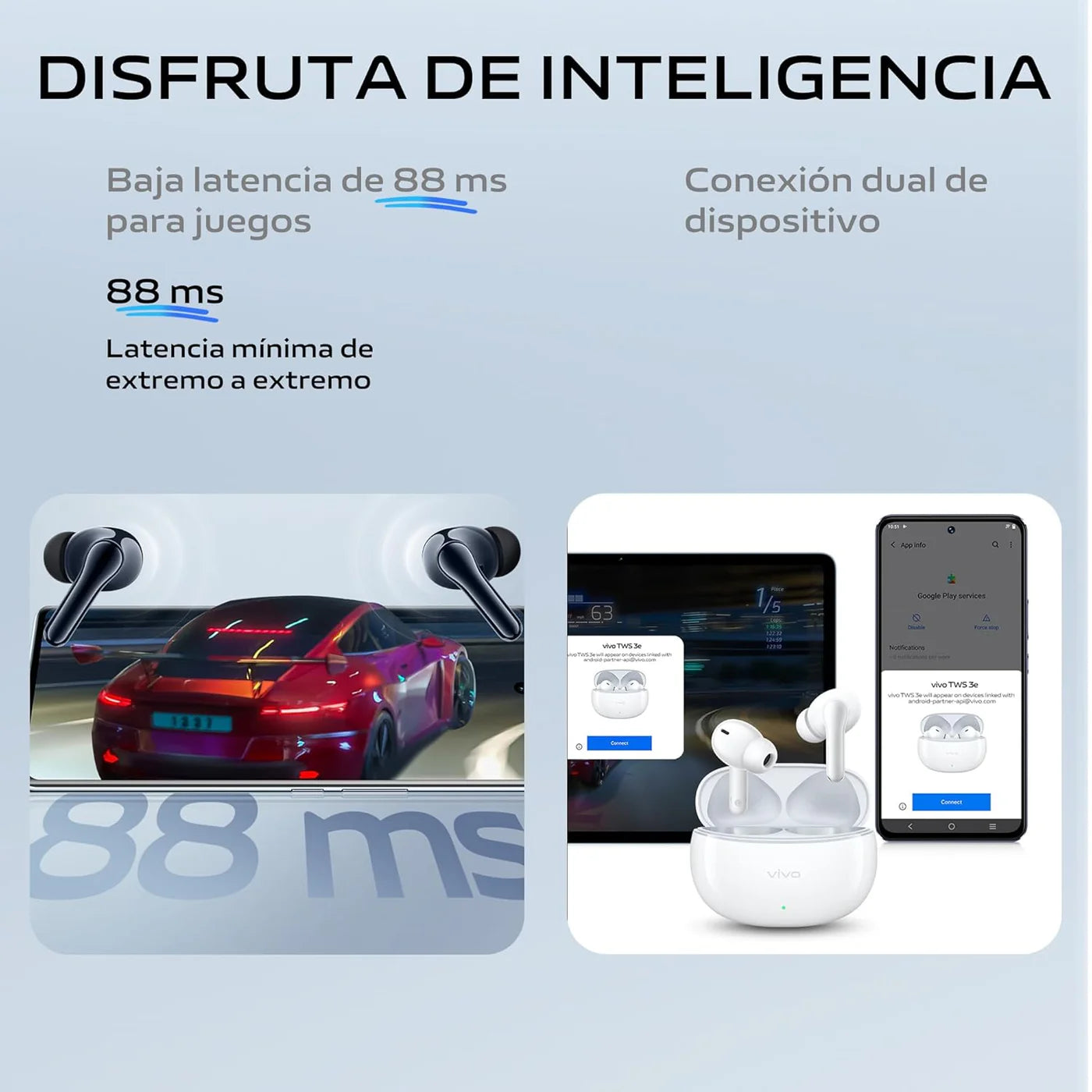 vivo TWS 3e, Wireless Bluetooth Headphones, ANC, Noise Cancelling, 42H Battery Life with Quick Charge, Dual Device Connection, 88ms Low Latency for Gaming, IP54 - Unboxed