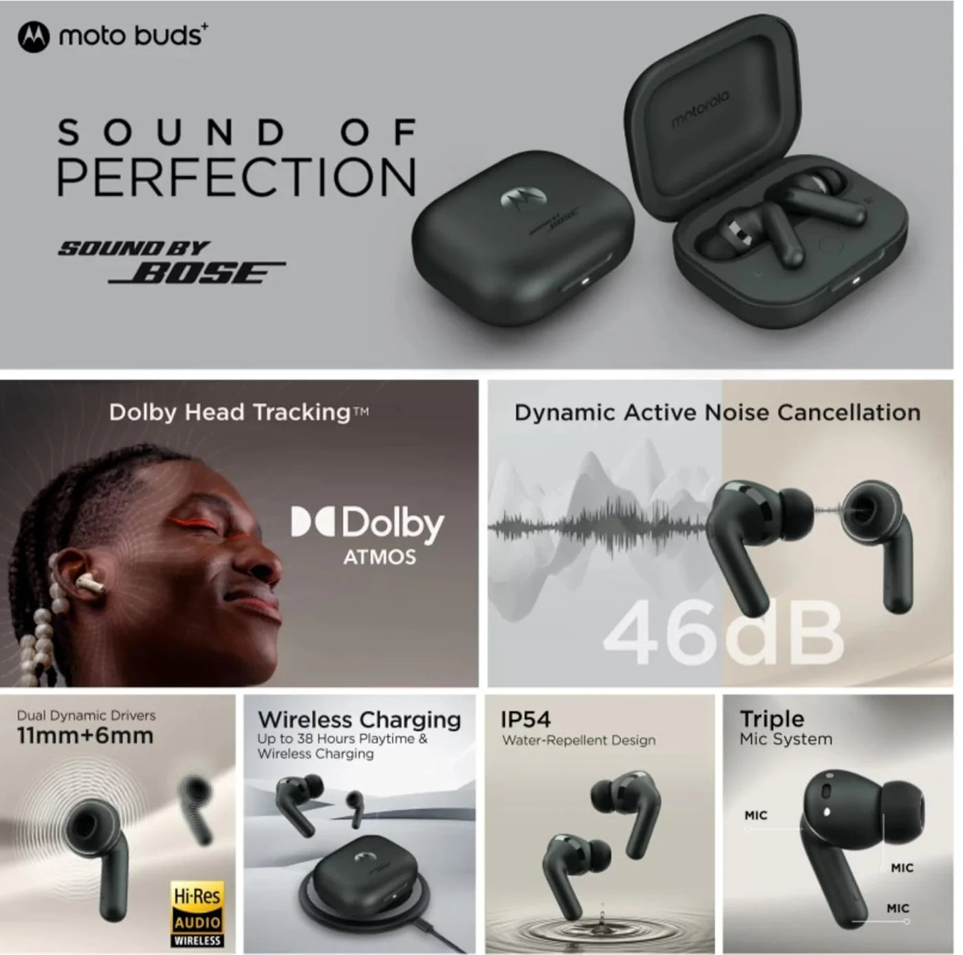 Moto Buds+| Sound by Bose, Dual Dynamic Drivers, 48dB ANC, Head Tracking Bluetooth Headset (True Wireless)-Unboxed